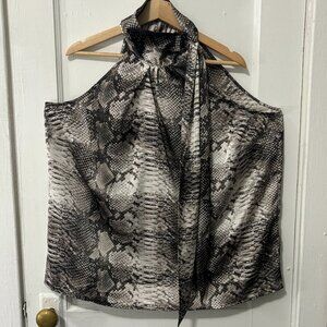 1.STATE Women's Sleeveless Tie-Neck Snake Print Halter Blouse- Grey-Size 1X